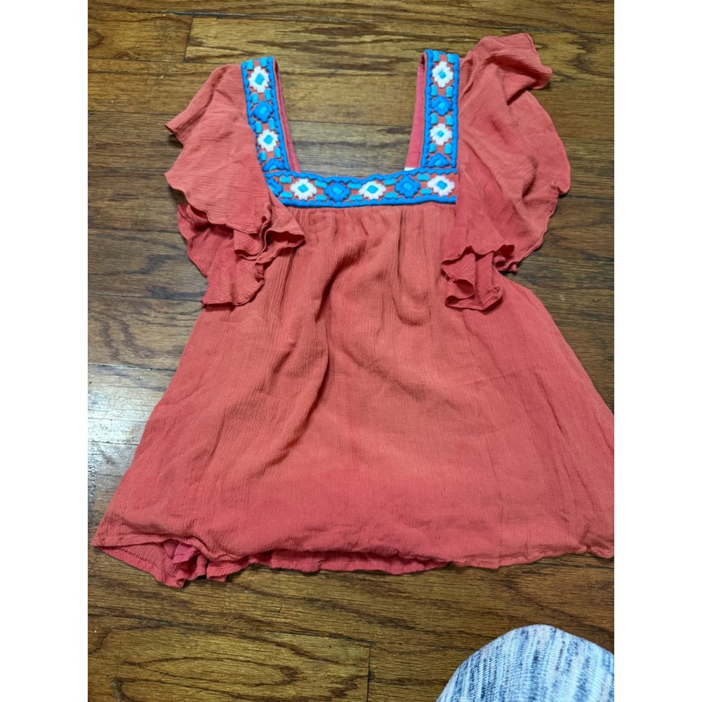 Piper by Tamsen Coral Orange Embroidered Boho Flutter Sleeve Top Small